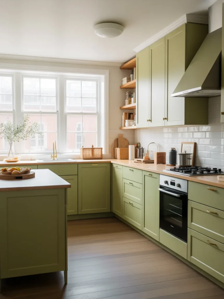 Sage green kitchen cabinet ideas with wood countertops, white tile backsplash, and island