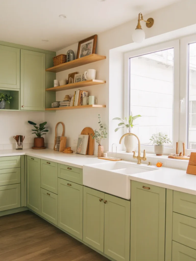 Sage green kitchen cabinets with farmhouse sink, open shelves, and brass faucet