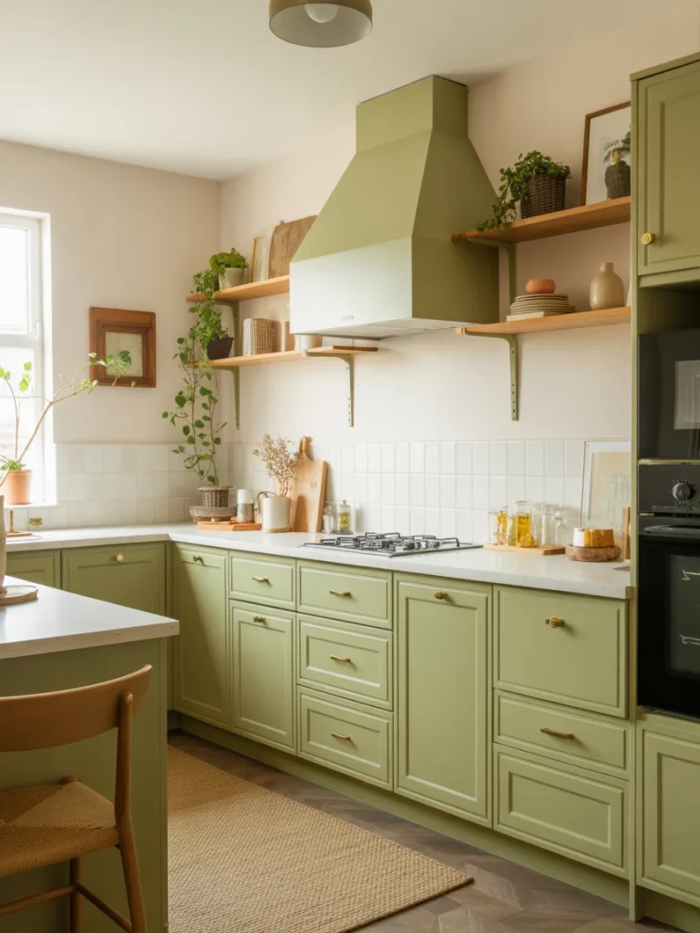 Sage green kitchen with shaker cabinets, open wooden shelves, and modern range hood