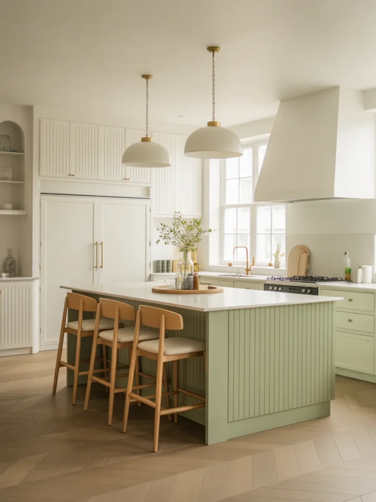 Sage green kitchen island with white quartz countertop, wooden bar stools, and pendant lighting