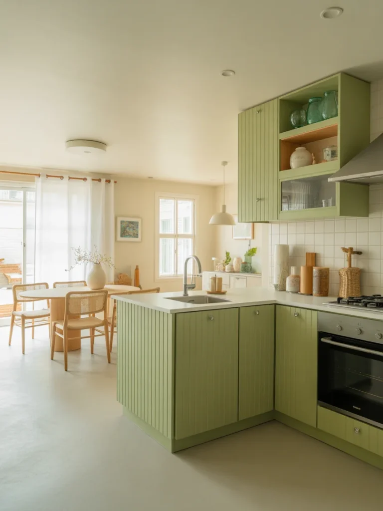 Sage green open concept kitchen with island, light countertops, and dining area