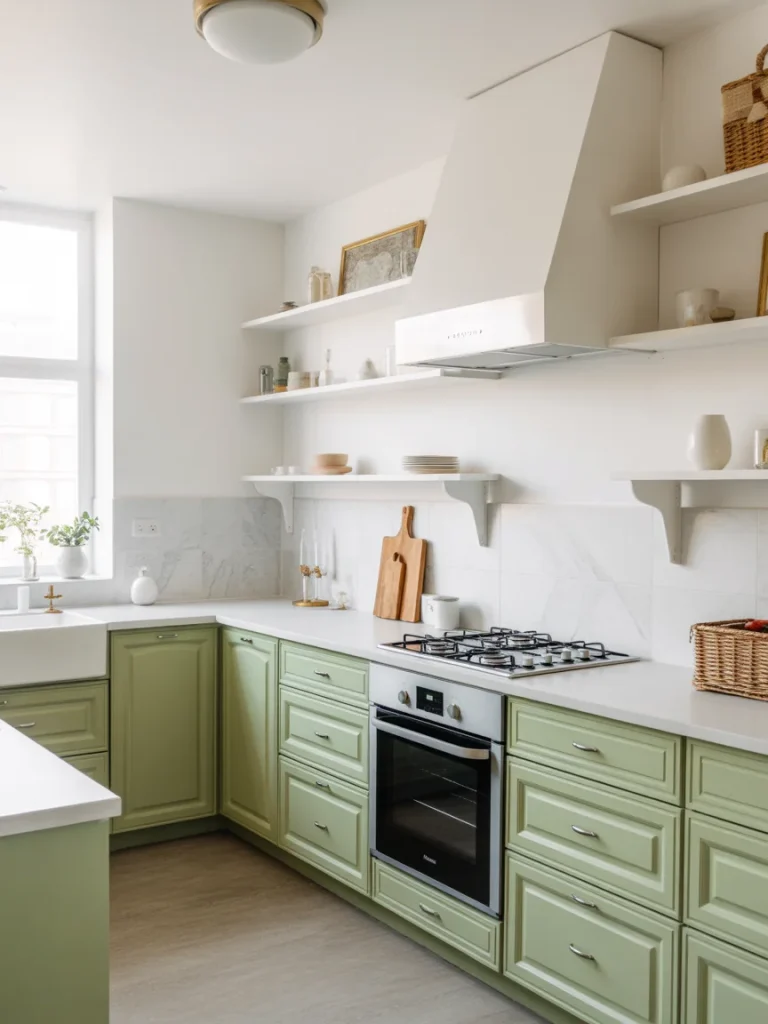 Sage green and white kitchen styling with shaker cabinets, open shelves, and white countertops