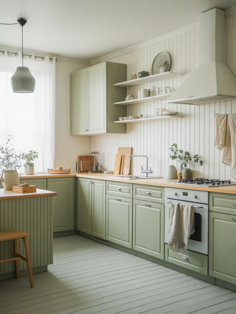 Scandinavian sage green kitchen with light wood countertops and minimalist open shelving