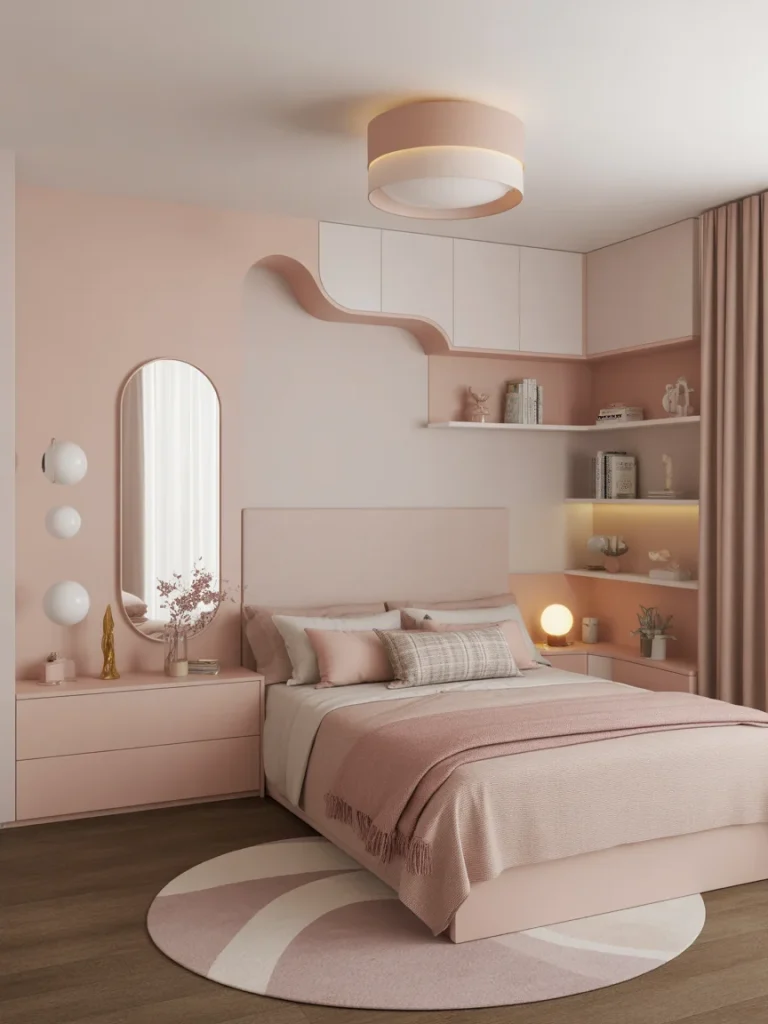 Small girly bedroom with blush pink decor, built-in shelves, and soft ambient lighting