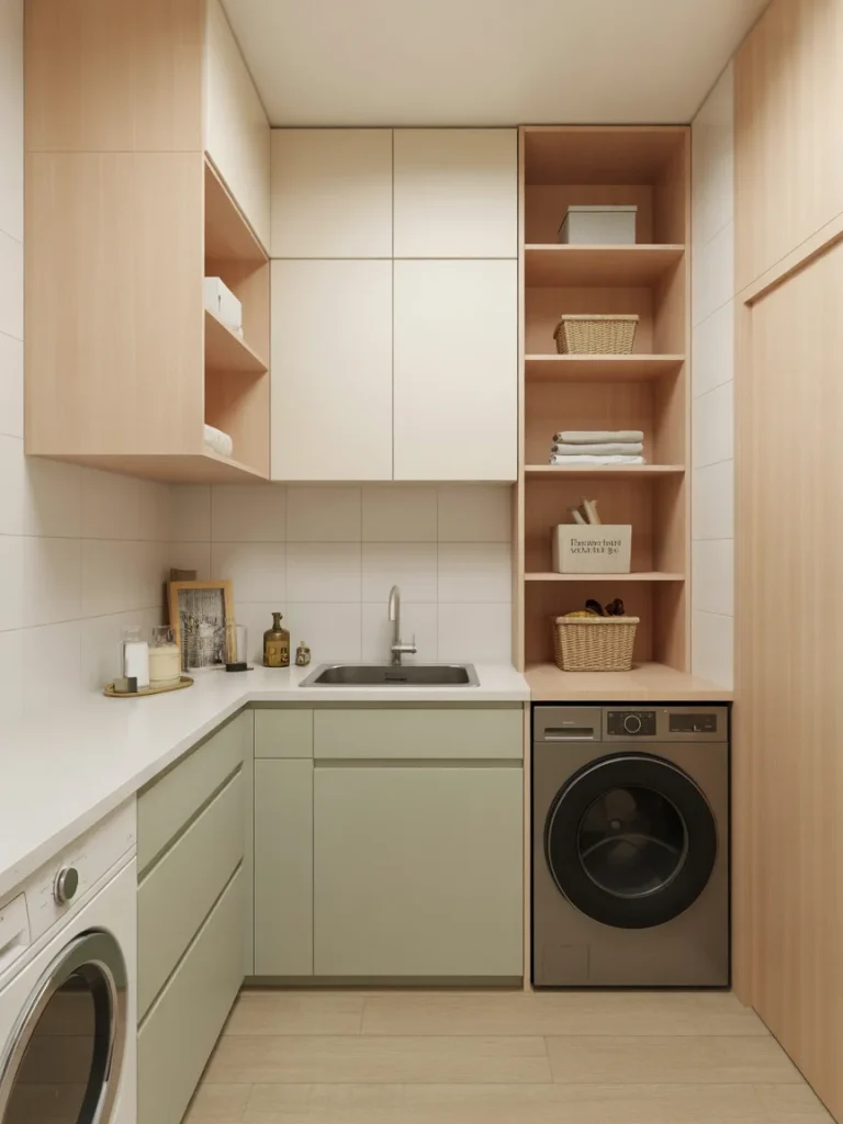 Small laundry room cabinet ideas with built-in storage, sink, and stacked cabinetry