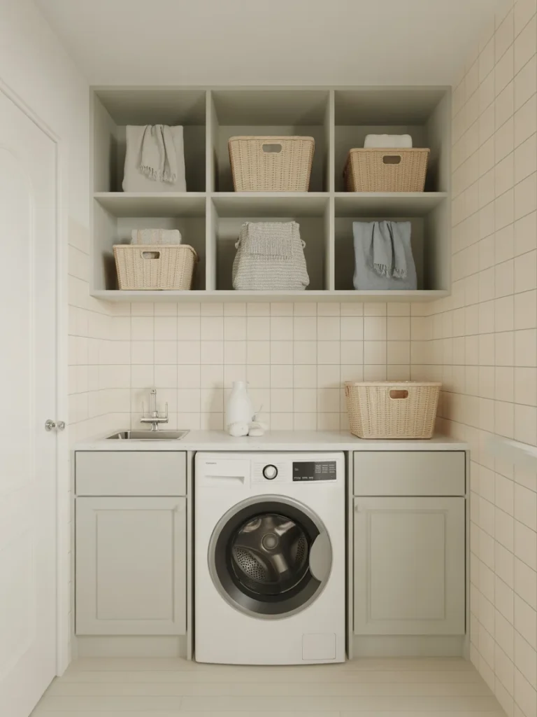 Small laundry room with soft neutral color palette, open shelving, and woven storage baskets