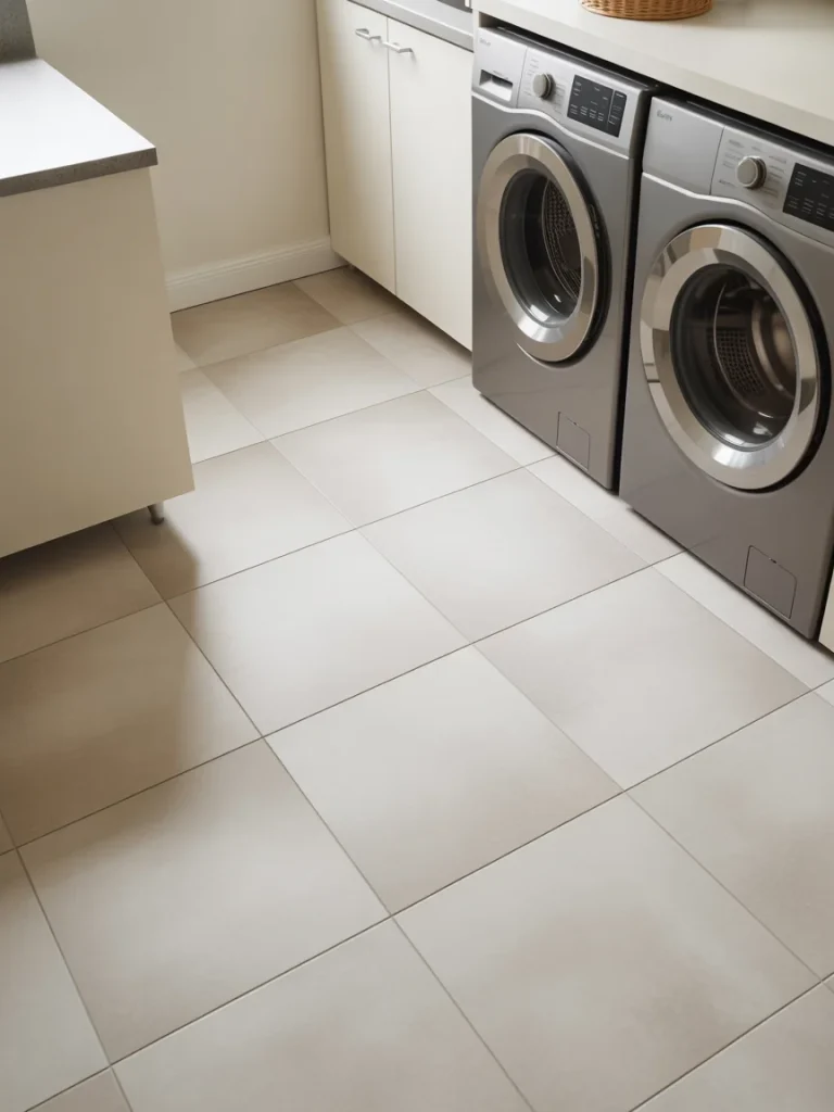 Small laundry room with light gray tile floor, white cabinets, and front-load washer and dryer