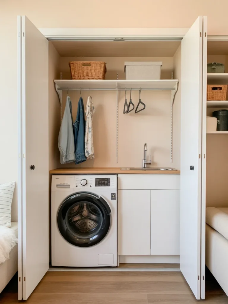 Small apartment laundry room with washer, sink, and hanging storage inside a closet