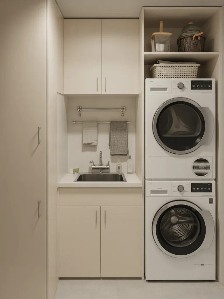 Small laundry room with sink, stacked washer dryer, and built-in cabinets
