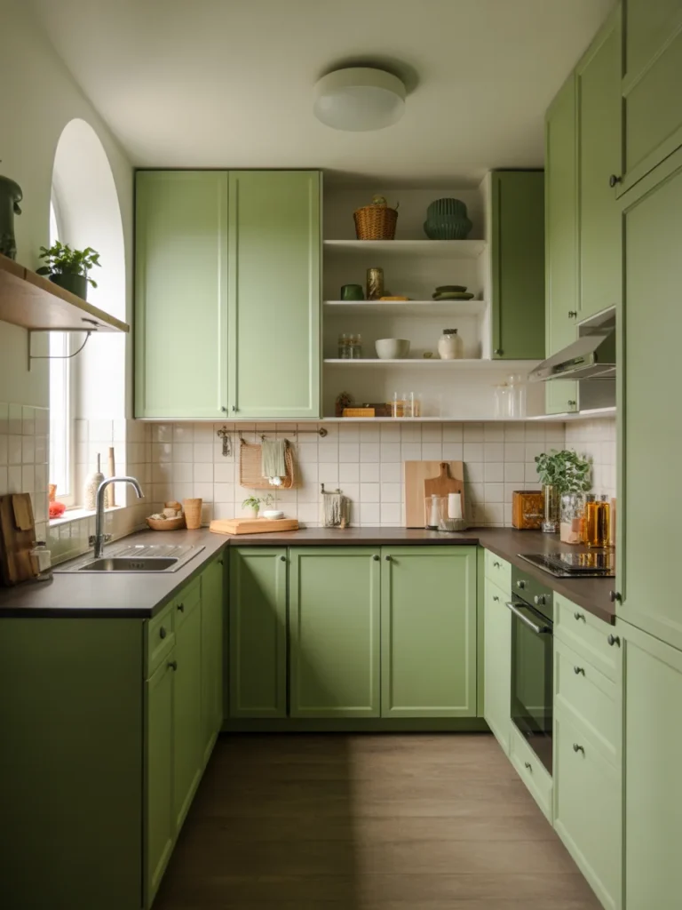 Small sage green kitchen with compact cabinets, open shelving, and neutral backsplash