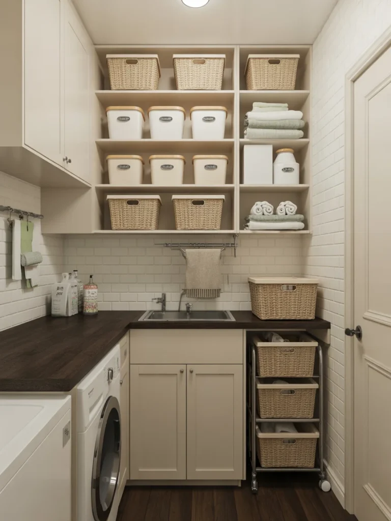 Smart storage solutions in a small laundry room with open shelves and woven baskets