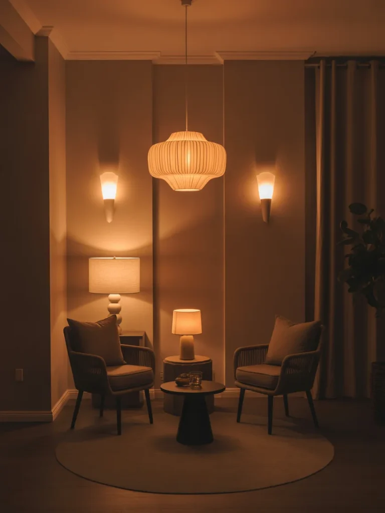 Cozy seating nook illuminated by layered warm lighting with pendant, wall sconces, and table lamps