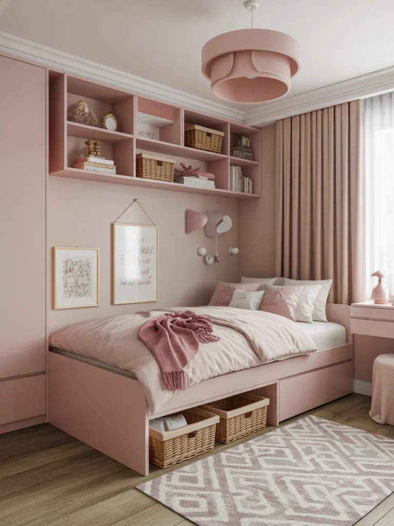 Storage-friendly girly bedroom with blush pink built-in shelves and under-bed baskets