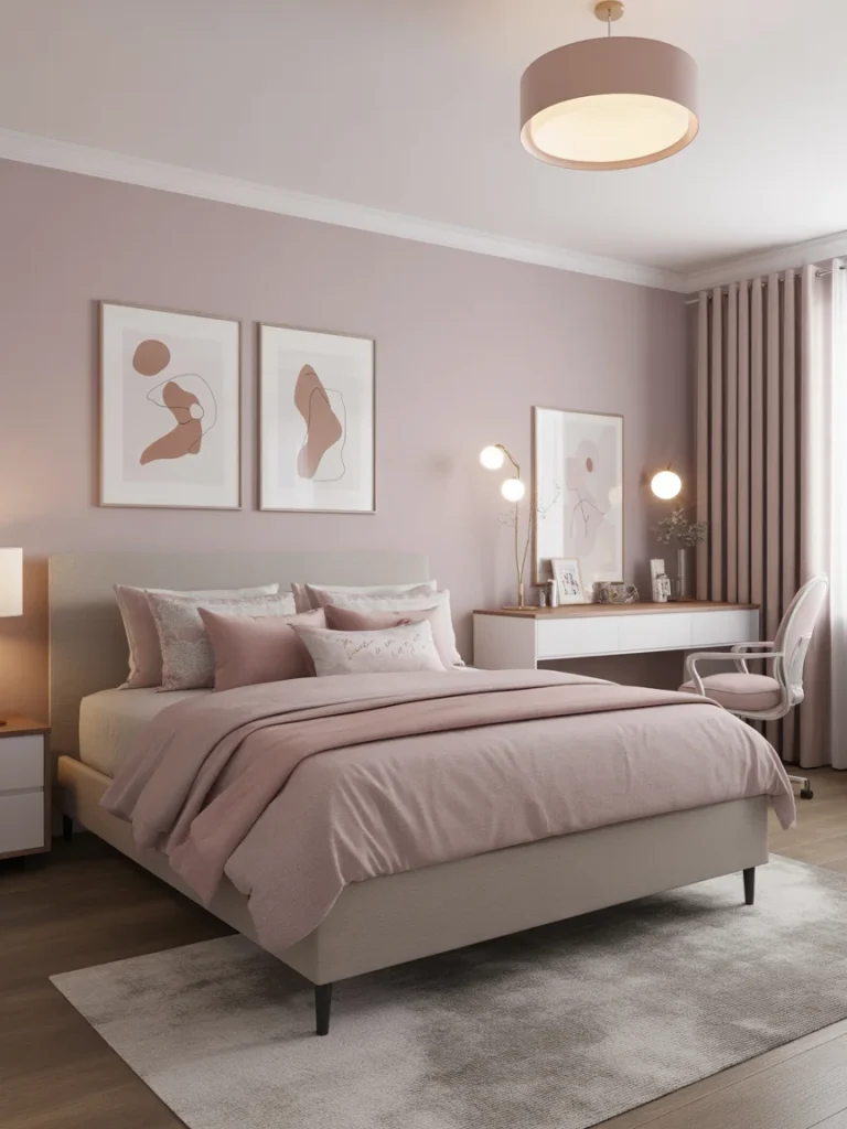 Teen and young adult girly bedroom with blush tones, minimalist wall art, and study desk