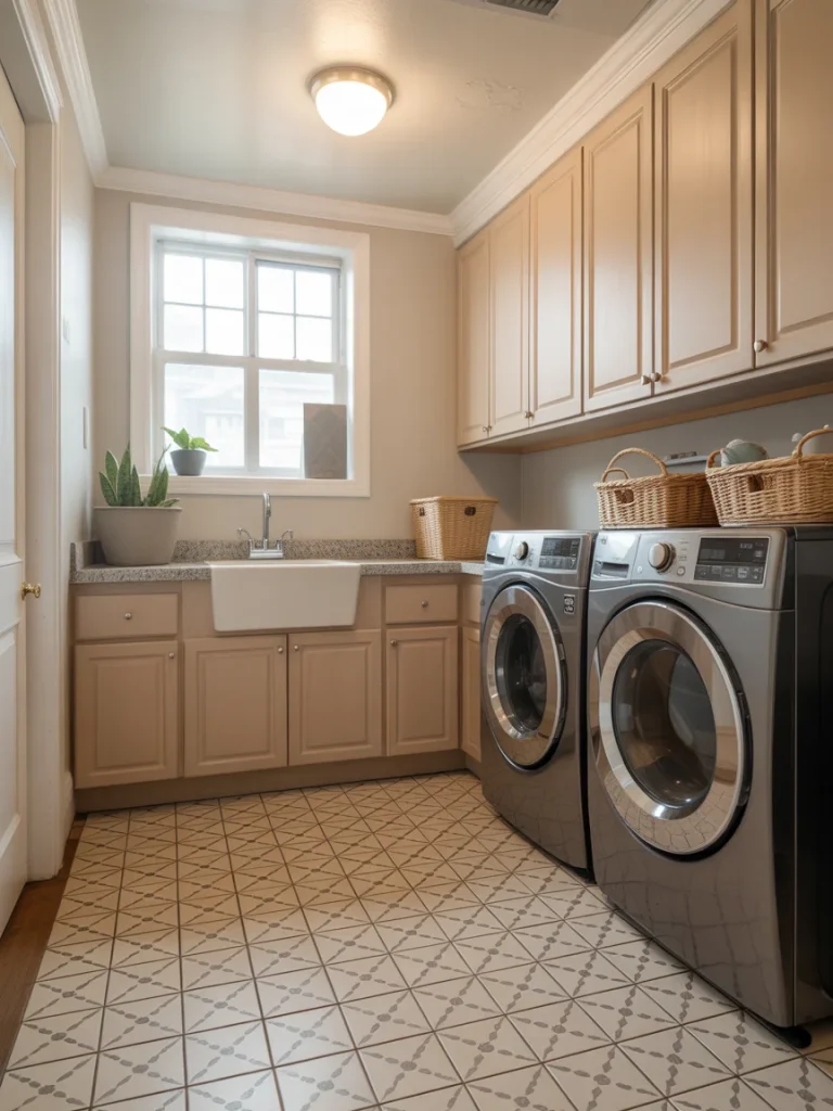 Neutral laundry room with geometric tile floor, beige cabinets, farmhouse sink, and front-load washer and dryer