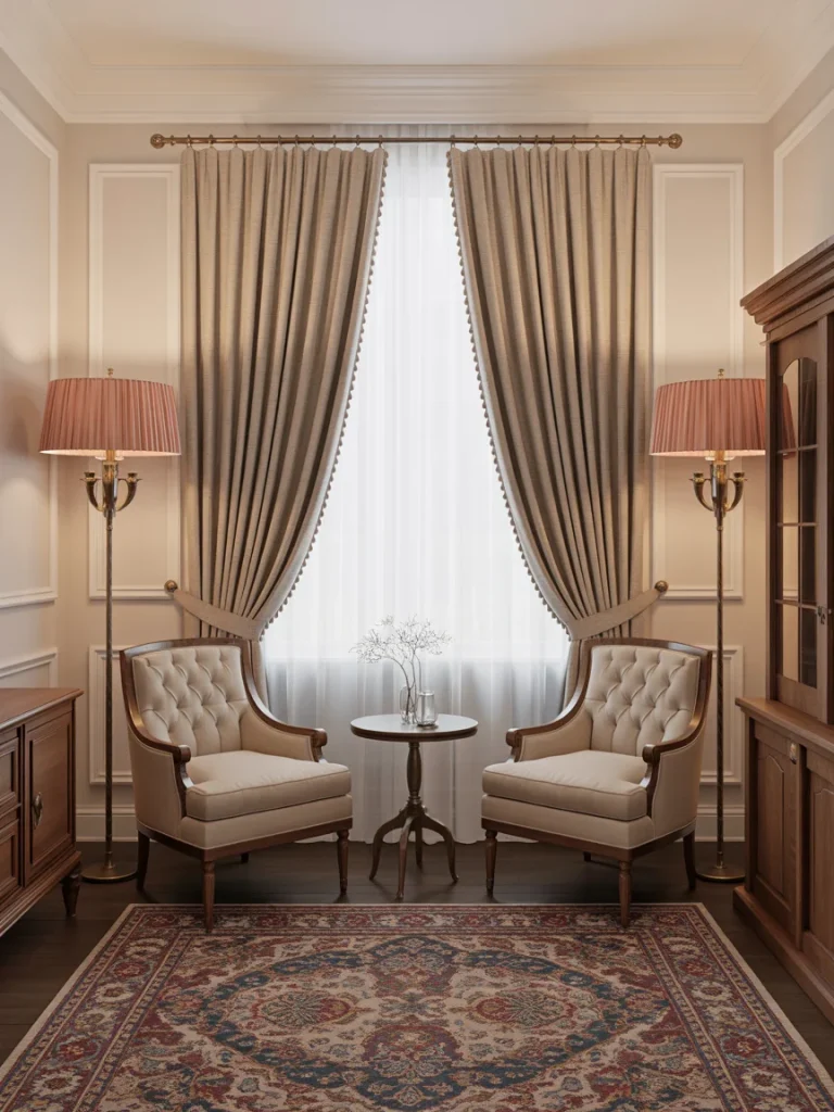 Traditional sitting area with tufted armchairs, ornate rug, and classic window drapery