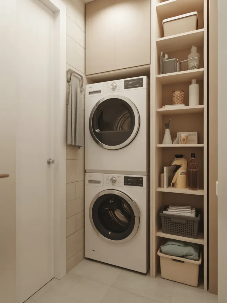 Narrow small laundry room with stacked washer and dryer and built-in shelving