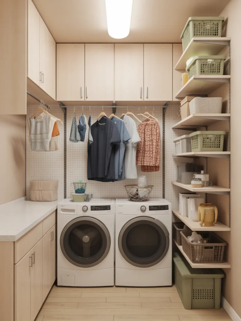 Vertical storage ideas for a small laundry space with wall cabinets and open shelving
