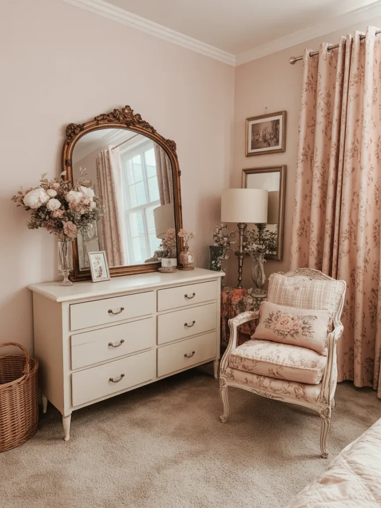 Vintage-inspired girly bedroom with antique dresser, ornate mirror, and floral accents