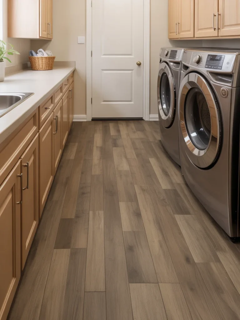 Modern laundry room with wood-look vinyl plank flooring, beige cabinets, and front-load washer and dryer
