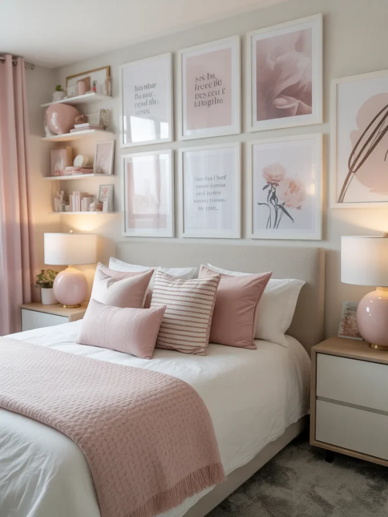 Girly bedroom with blush wall art gallery above the bed and soft pink decor