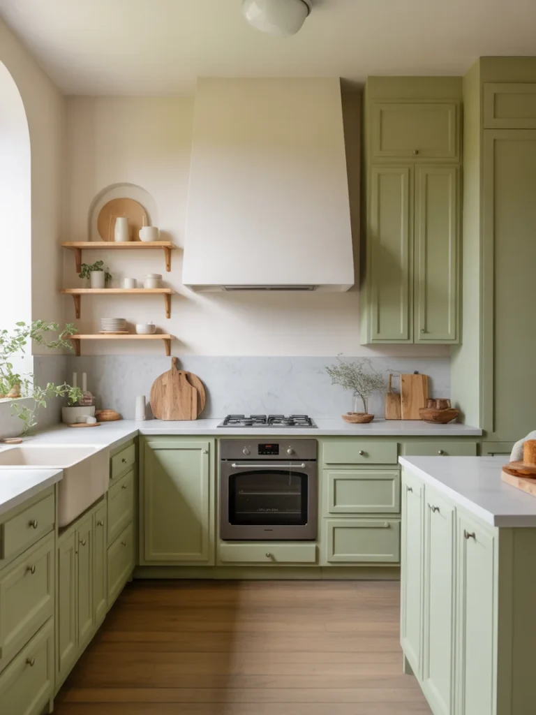 Sage green kitchen with soft cream wall paint, white range hood, and light wood accents