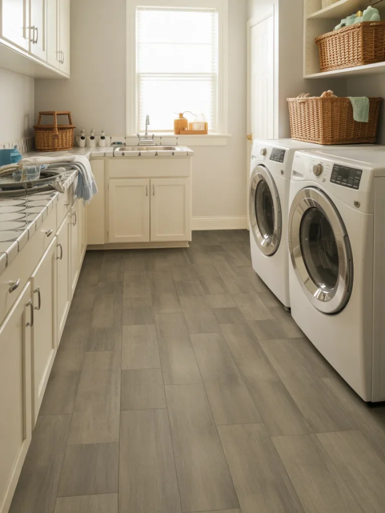 Waterproof vinyl plank flooring in a bright laundry room with white cabinets and washer dryer