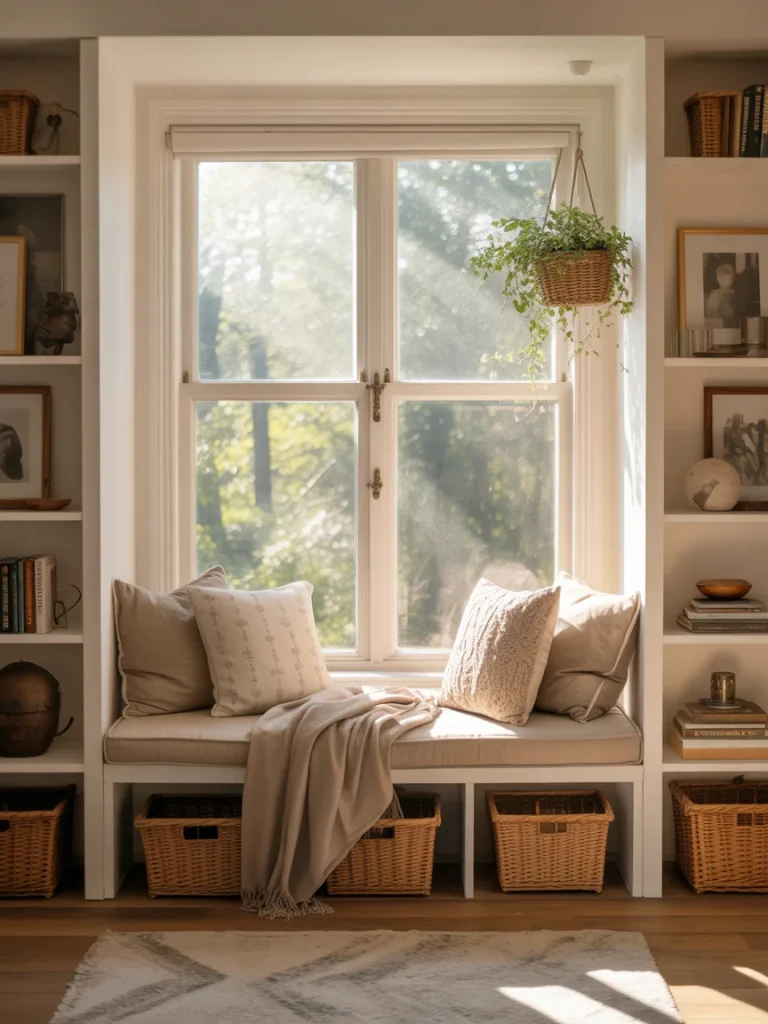 Cozy window nook with cushioned bench seating, throw pillows, and woven baskets under built-in shelving
