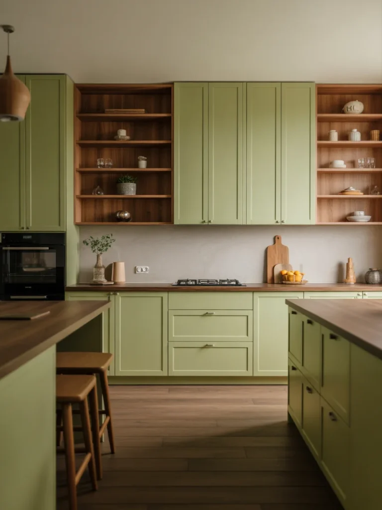 Sage green kitchen cabinets with warm wood shelving and wood countertops