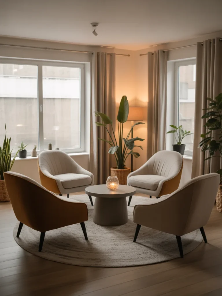 Modern conversation room with four accent chairs around a round table, cozy lighting, and indoor plants