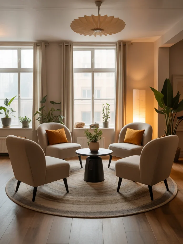 Cozy conversation room with four beige chairs around a round coffee table on a circular rug, surrounded by plants and soft lighting