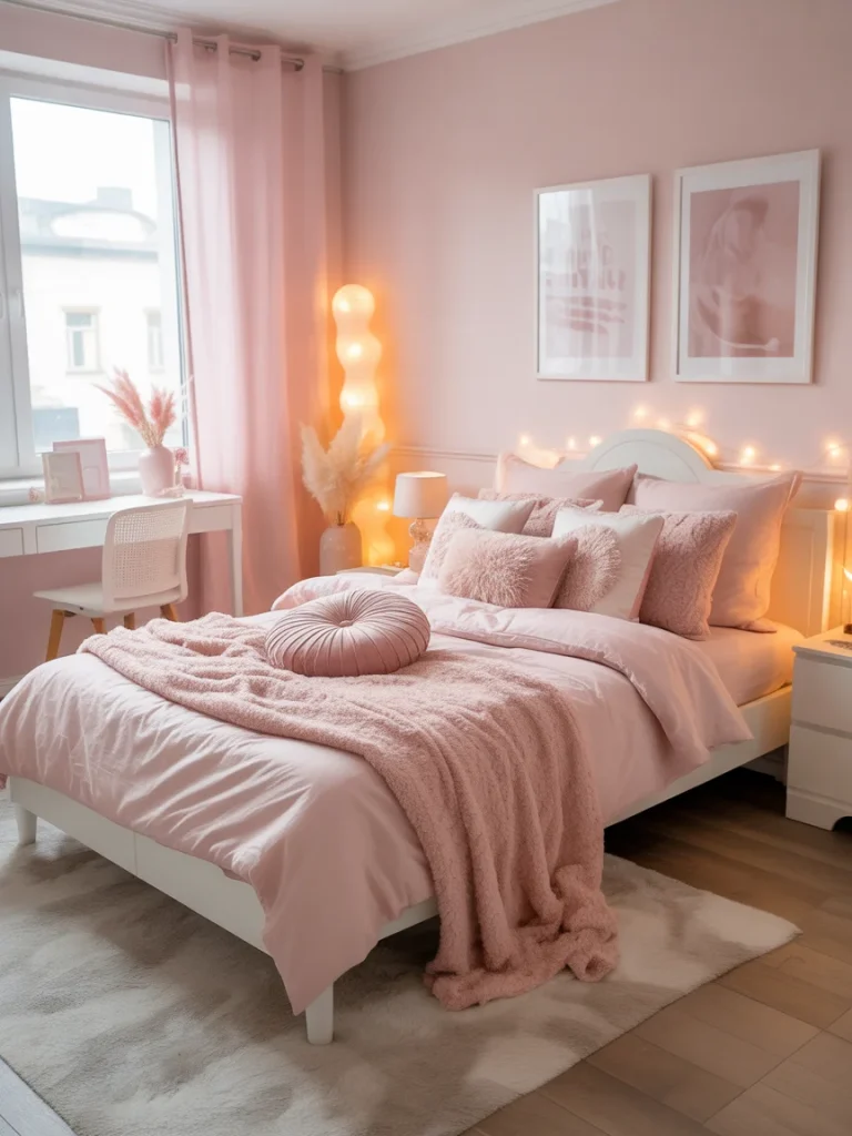 Blush pink girly bedroom with soft bedding, warm lighting, and feminine decor accents