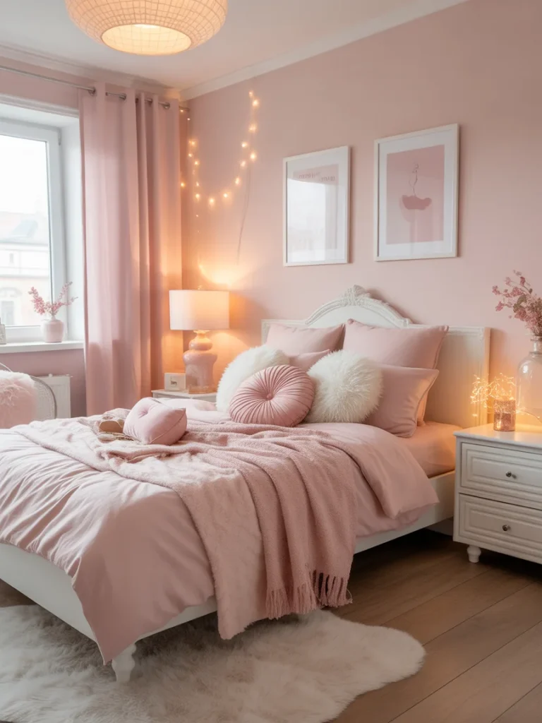 Soft pink girly bedroom with cozy bedding, fairy lights, and elegant white furniture