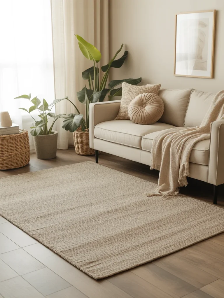 Neutral living room with a soft beige area rug, cream sofa, cozy pillows, and indoor plants