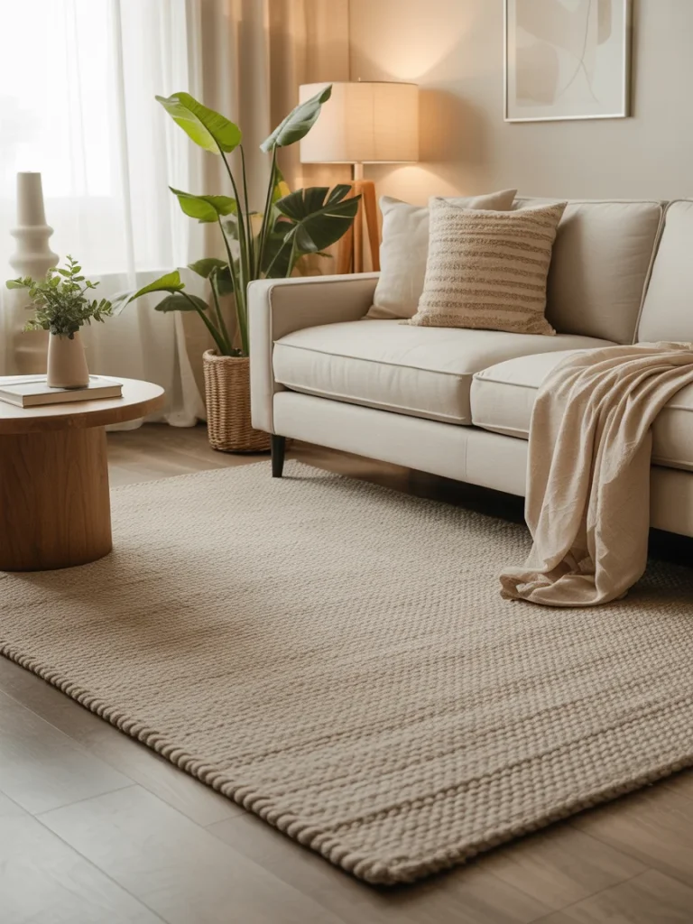 Neutral textured rug in a cozy beige living room with a cream sofa, indoor plant, and soft throw blanket