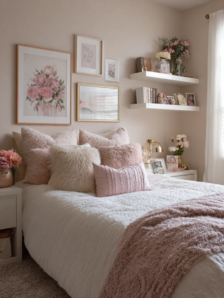 Personalized girly bedroom with blush pillows, floral wall art, and floating shelves