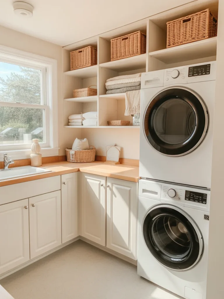Small laundry room with stacked washer and dryer, white cabinets, open shelves, and woven baskets