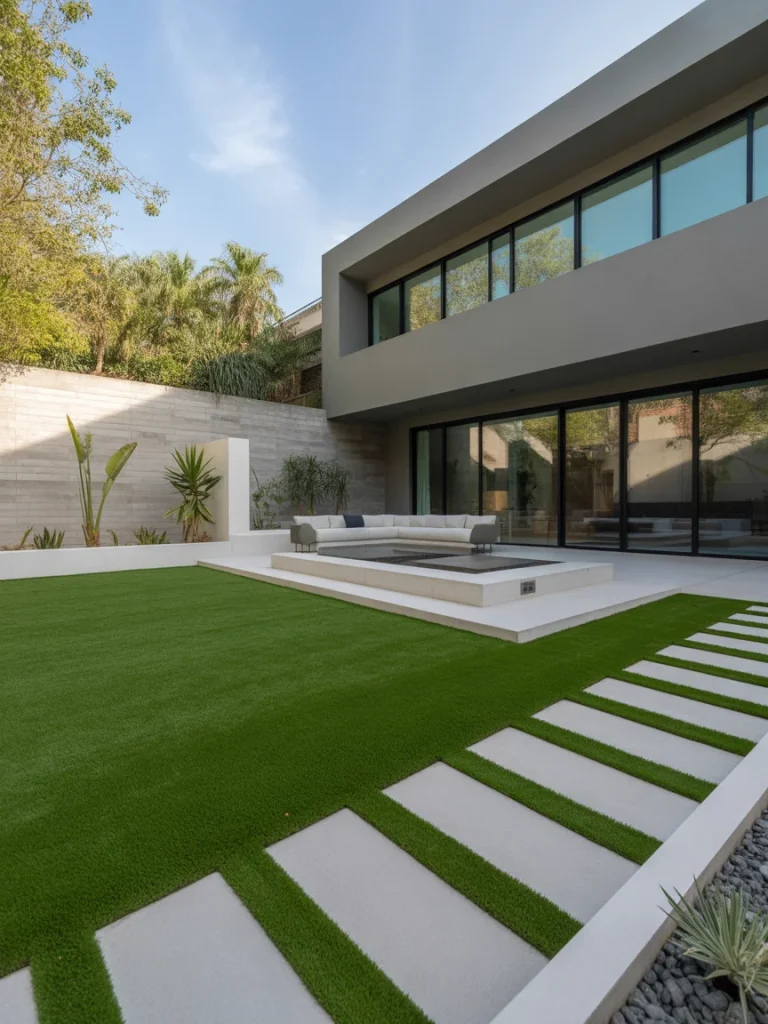 Modern backyard design featuring artificial grass and concrete stepping stones