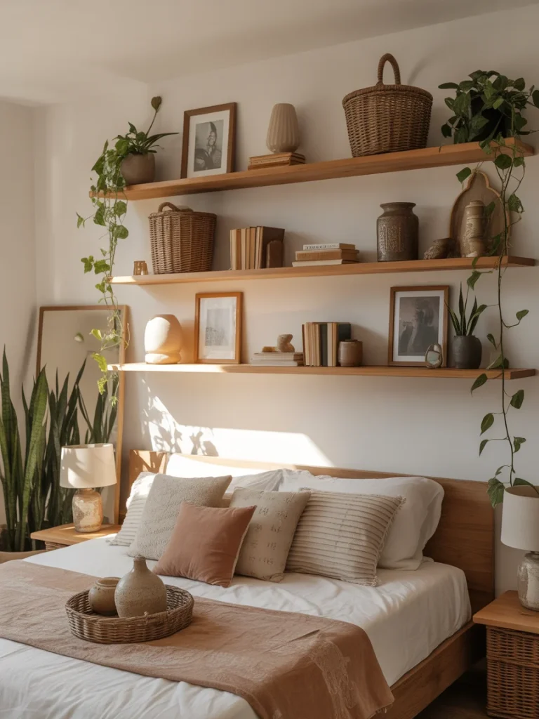 Boho-style shelves with plants, woven baskets, and natural wood textures above the bed