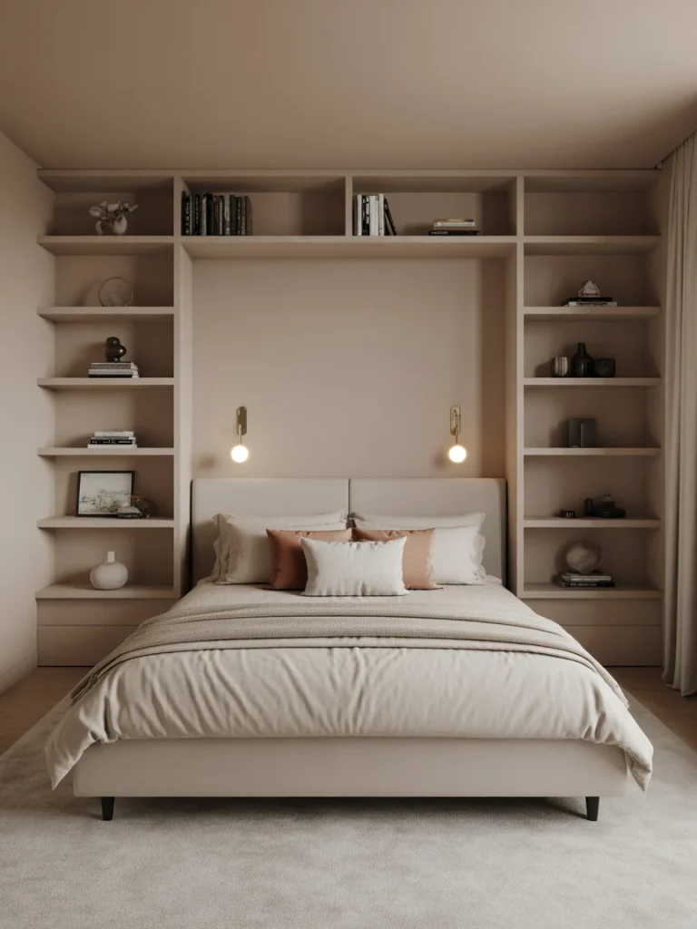 Built-in shelving for a custom bedroom design with symmetrical shelves around the bed