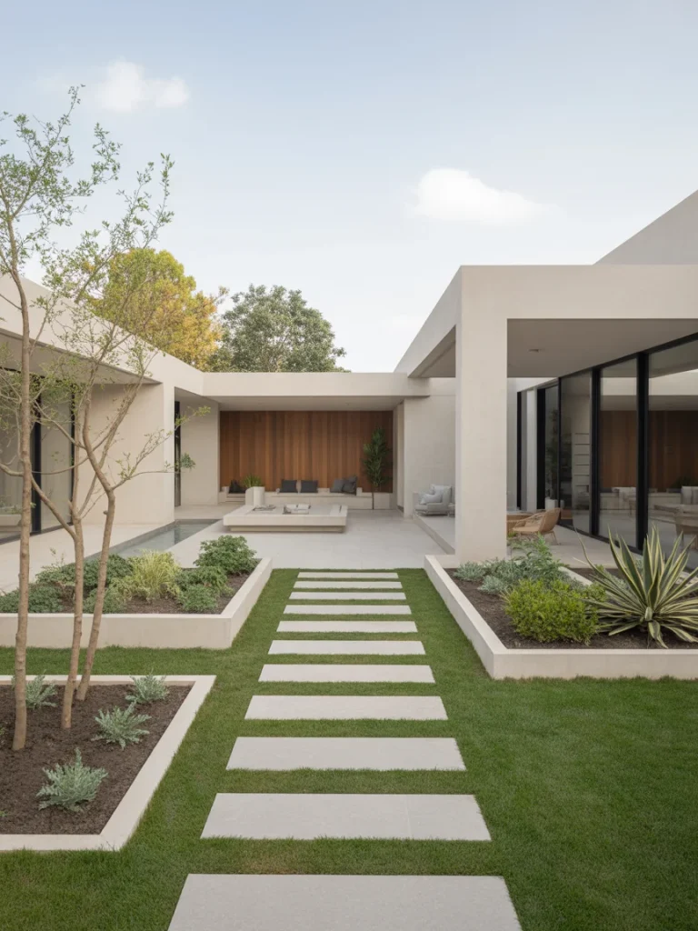 Clean lines minimal outdoor design with concrete stepping stones and modern courtyard landscaping