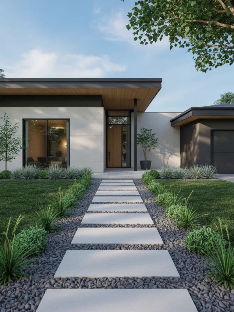 Contemporary front yard landscaping with concrete stepping stones and minimalist plants
