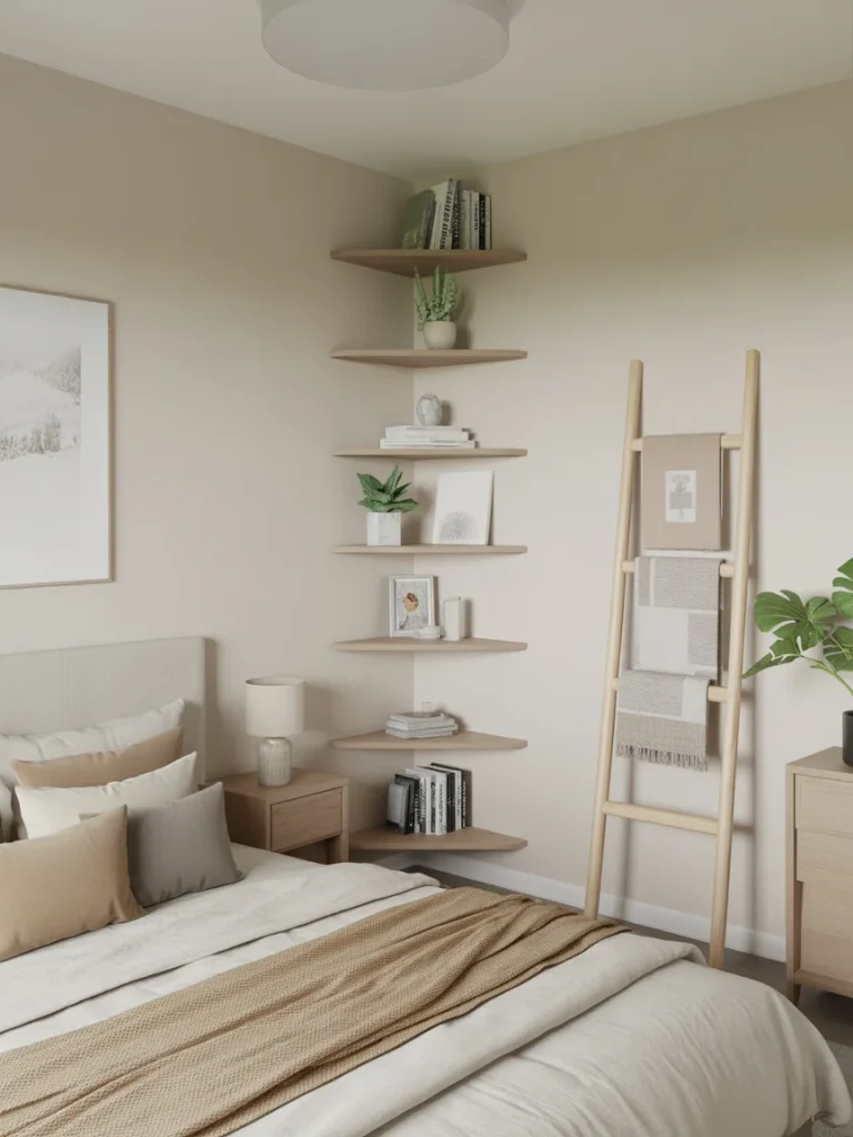 Corner shelving to use every inch of space in a small bedroom with wood shelves