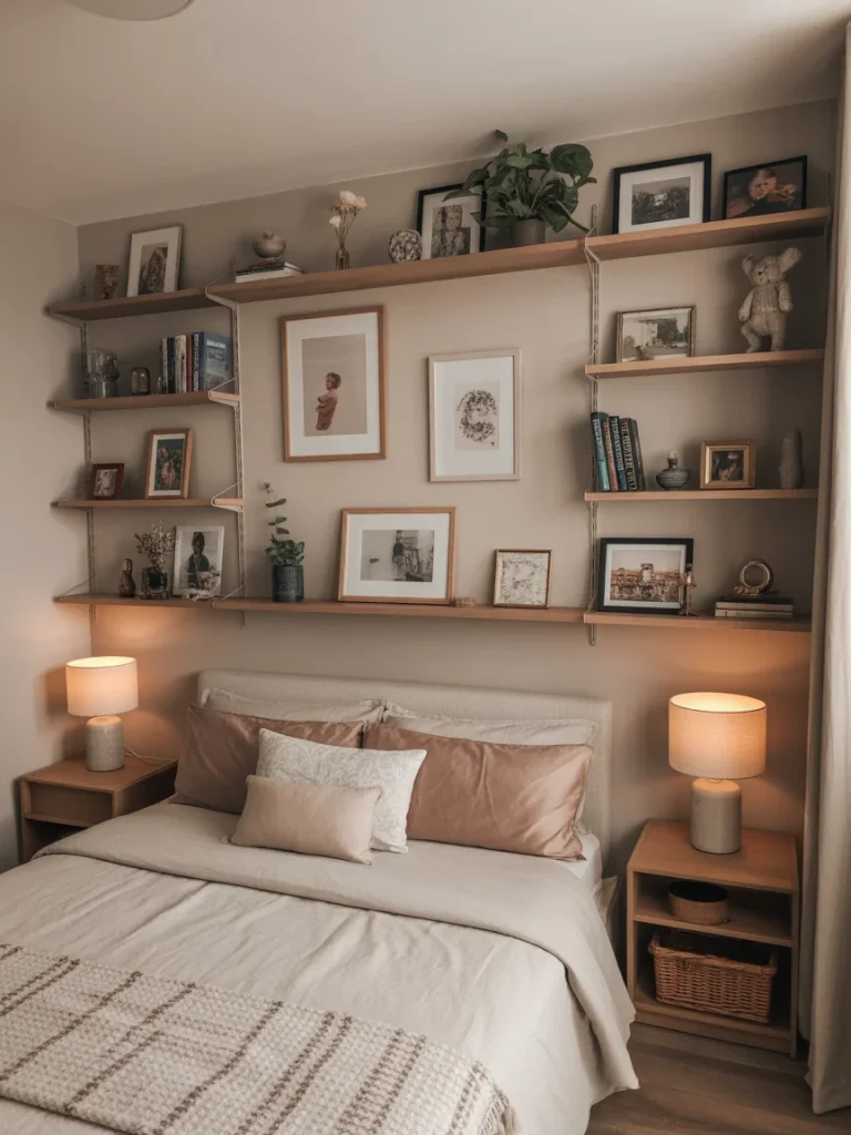 Decorative shelves above the bed showcasing framed art, photos, plants, and personal decor