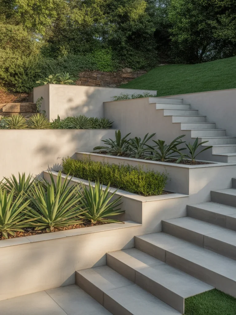 Modern terraced landscaping with concrete steps and raised planters on a sloped yard
