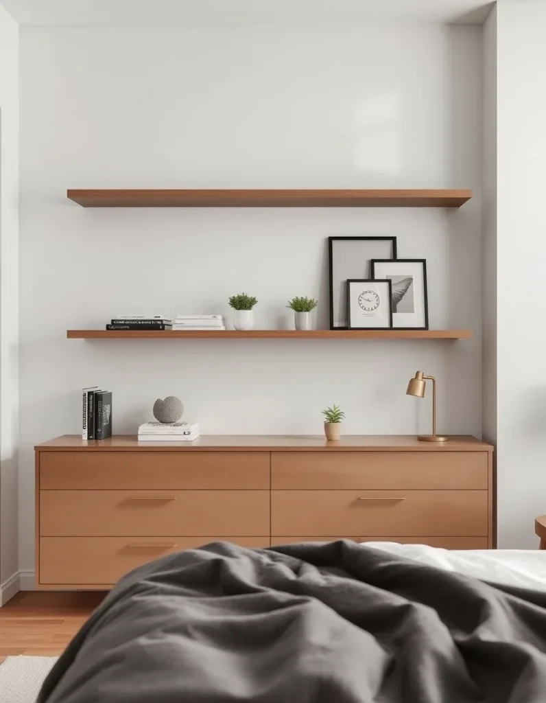 Floating shelves for a clean bedroom look with wood shelves, framed art, and plants