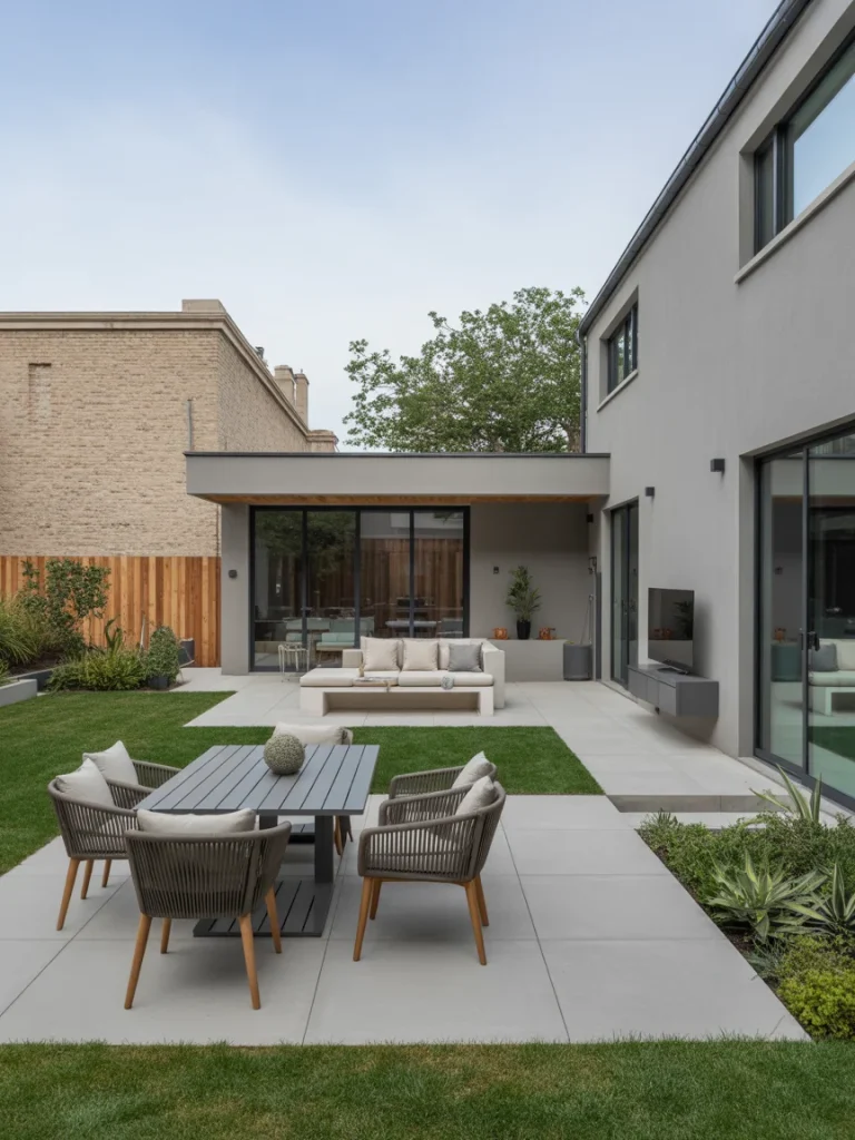 Functional backyard layout with modern patio seating, dining area, and open lawn
