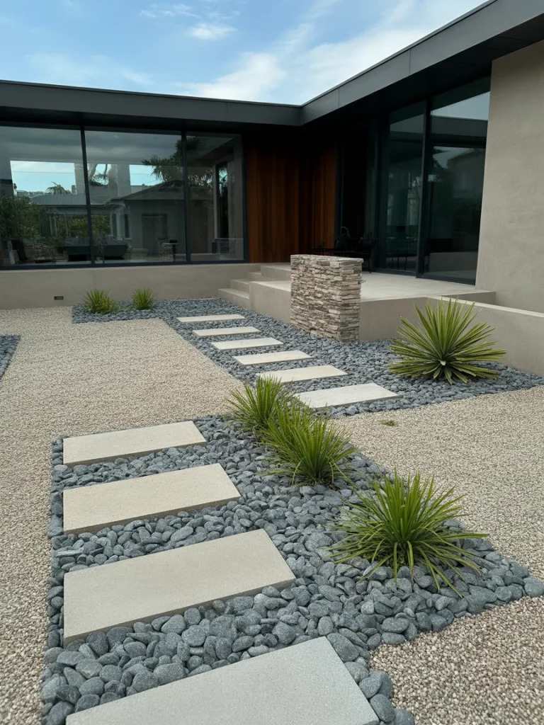 Modern landscaping with gravel, stone stepping stones, and minimalist plants