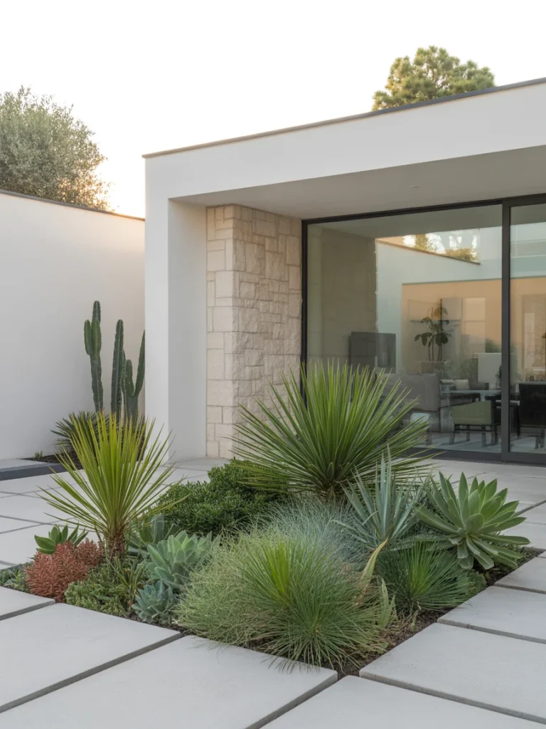 Low-maintenance modern landscaping with succulents, ornamental grasses, and concrete pavers