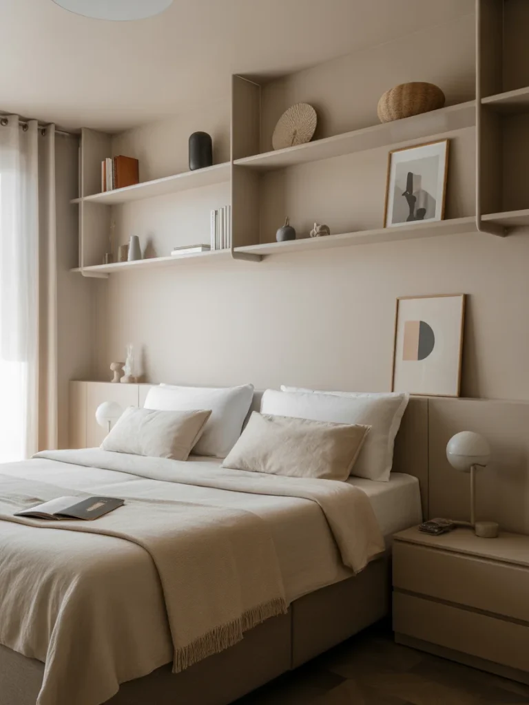 Minimalist shelving for a clutter-free bedroom with neutral decor and floating shelves